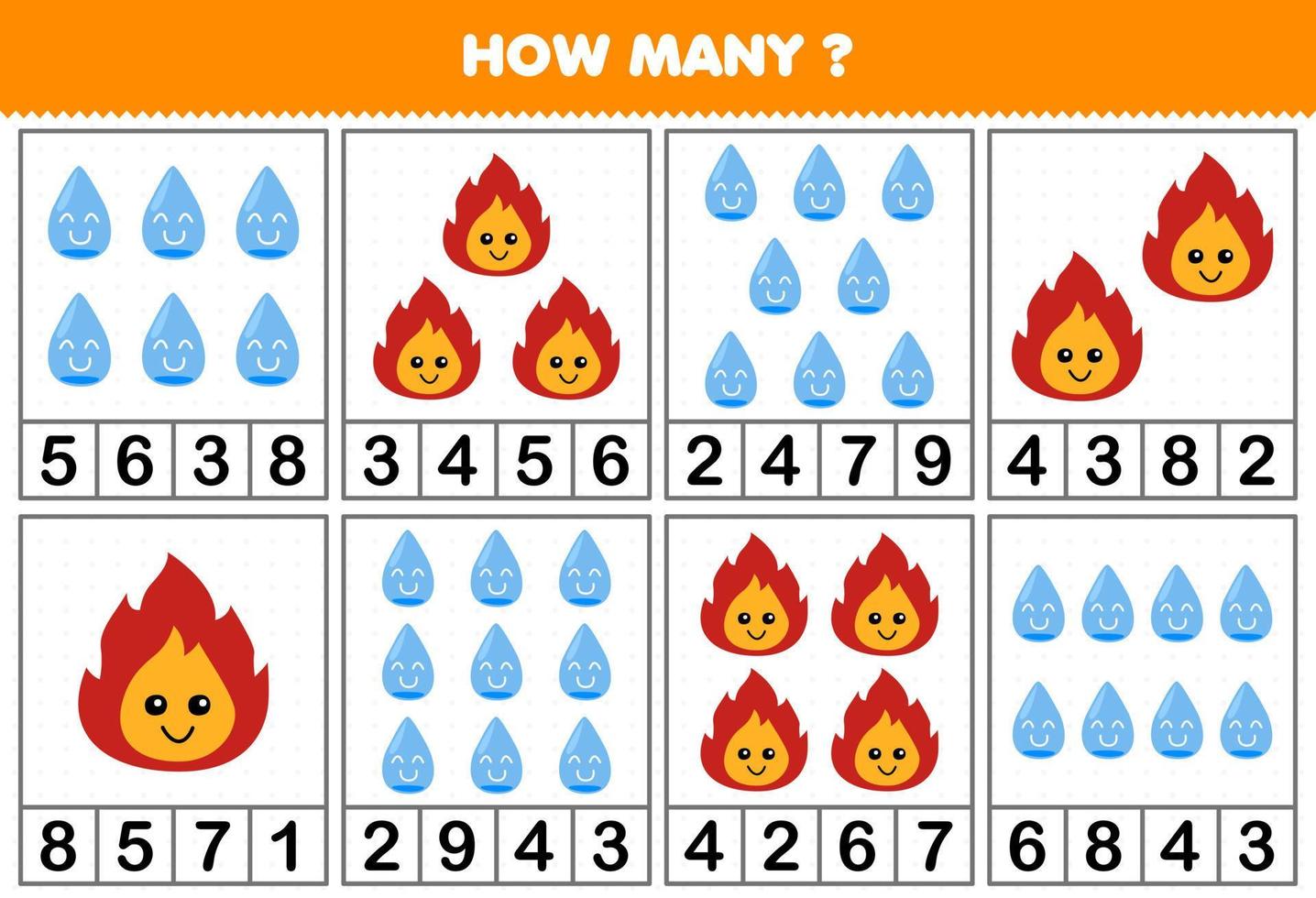 jogo de educação para crianças contando quantos desenhos animados fofos de  fogo ou água em cada planilha de natureza imprimível de tabela 18851618  Vetor no Vecteezy
